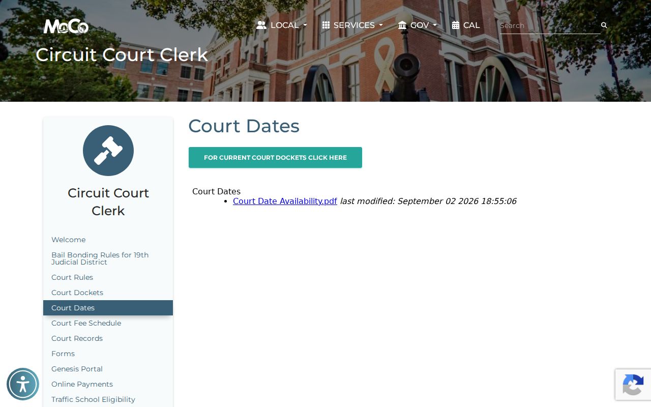 Montgomery County official Court Dates page linking to court dockets