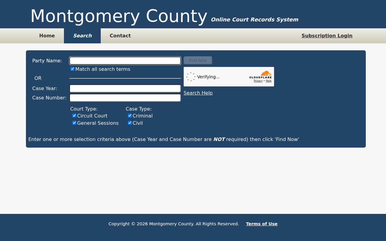 Montgomery County case lookup form with party, year, number, court, and case-type fields