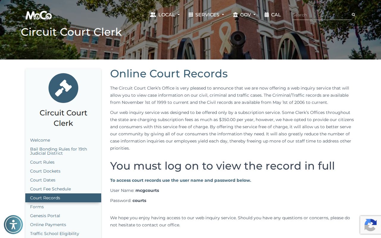 Montgomery County online court records page showing criminal, traffic, and civil coverage