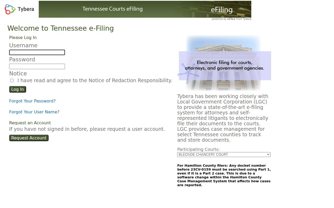 Tybera eFlex and Tennessee Case Information System filing landing page