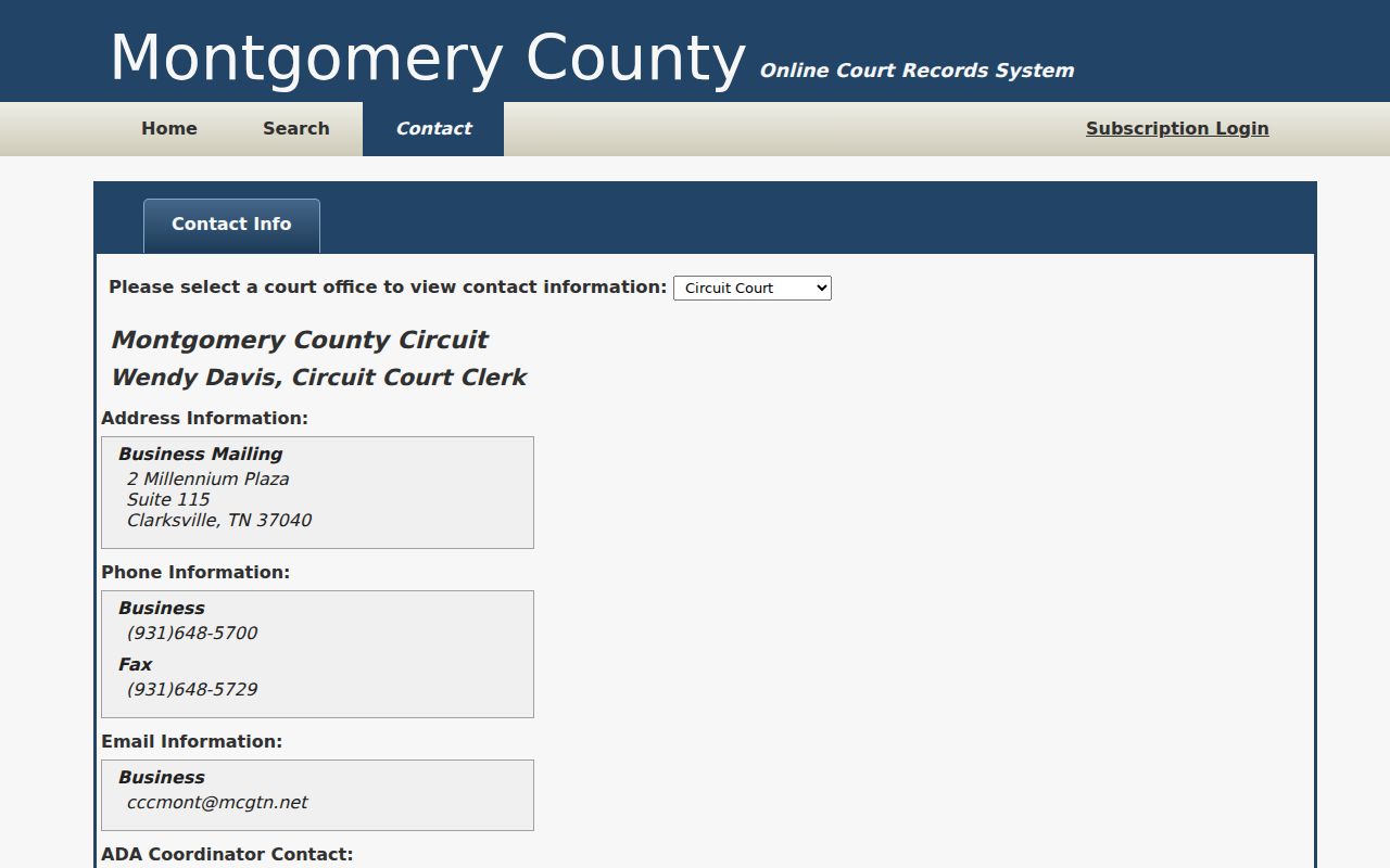 Montgomery County online court records clerk contact screen