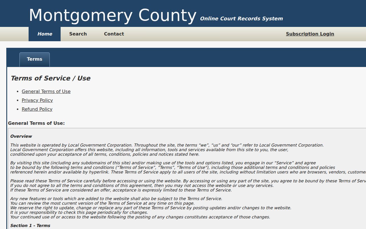 Montgomery County online court records inquiry service terms of use