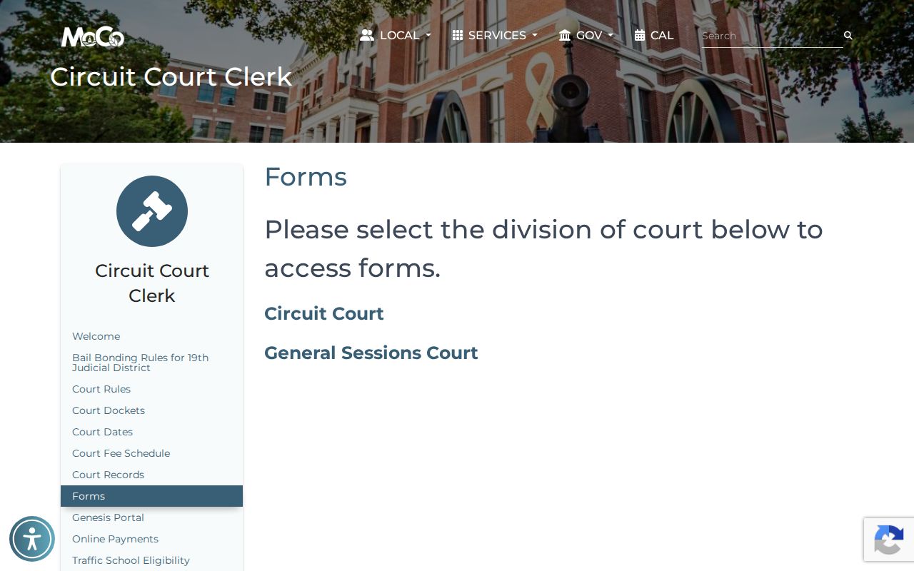 Montgomery County Circuit Court Clerk forms directory for Circuit and General Sessions records