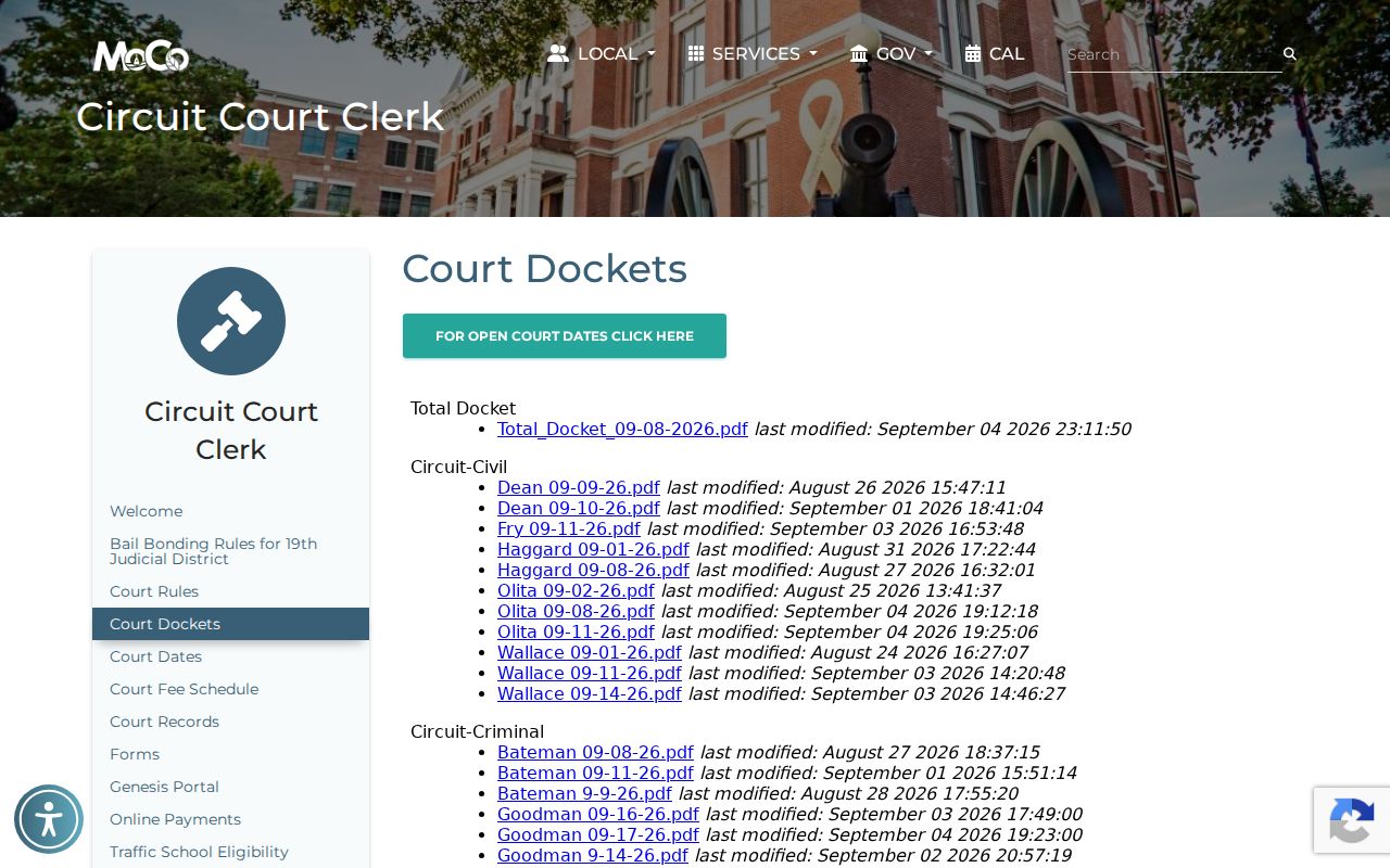 Montgomery County court docket files page